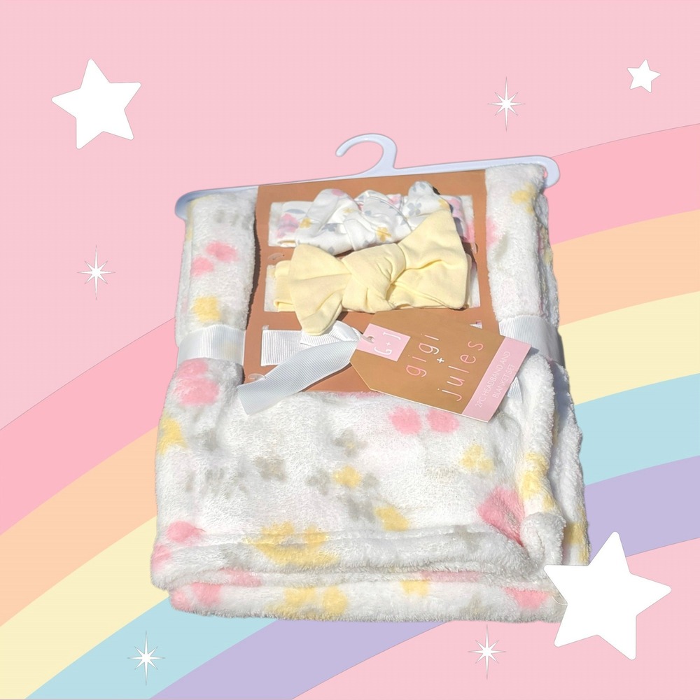 Gigi + Jules Baby Blanket and 2 Headband Set Floral Pink Yellow White 3pc NWT